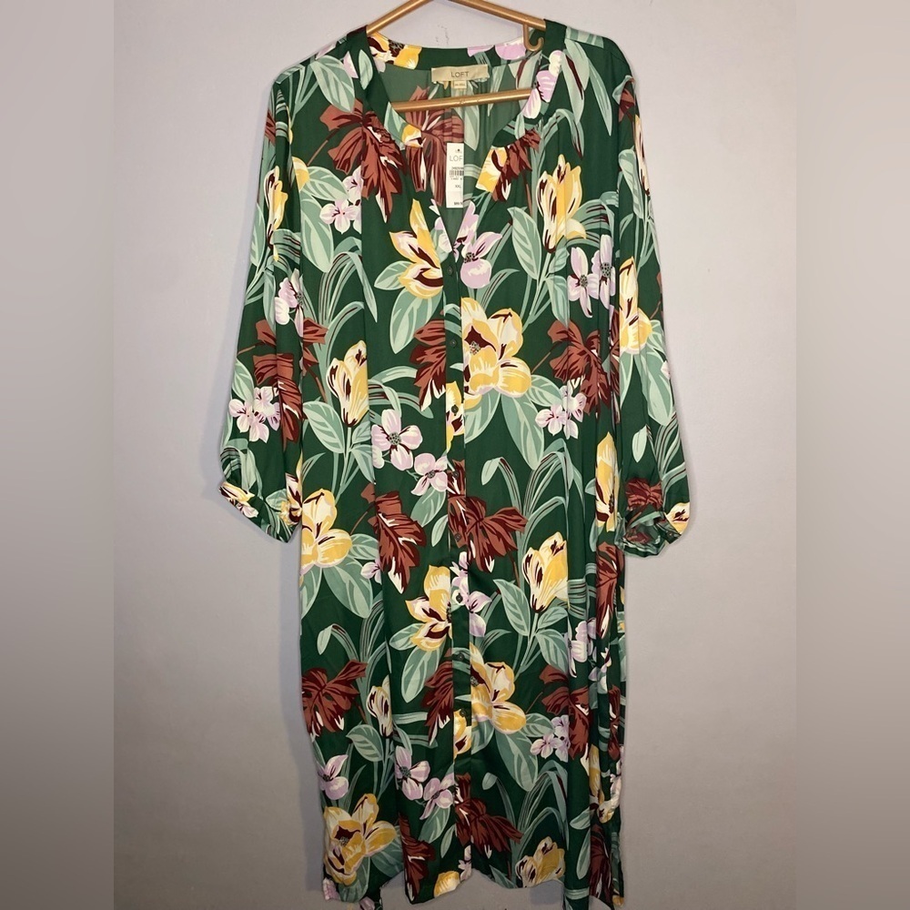 Loft Fit & Flare Dress Women Plus Size Multi Floral V Neck Button Drawstring XXL - Picture 5 of 15
